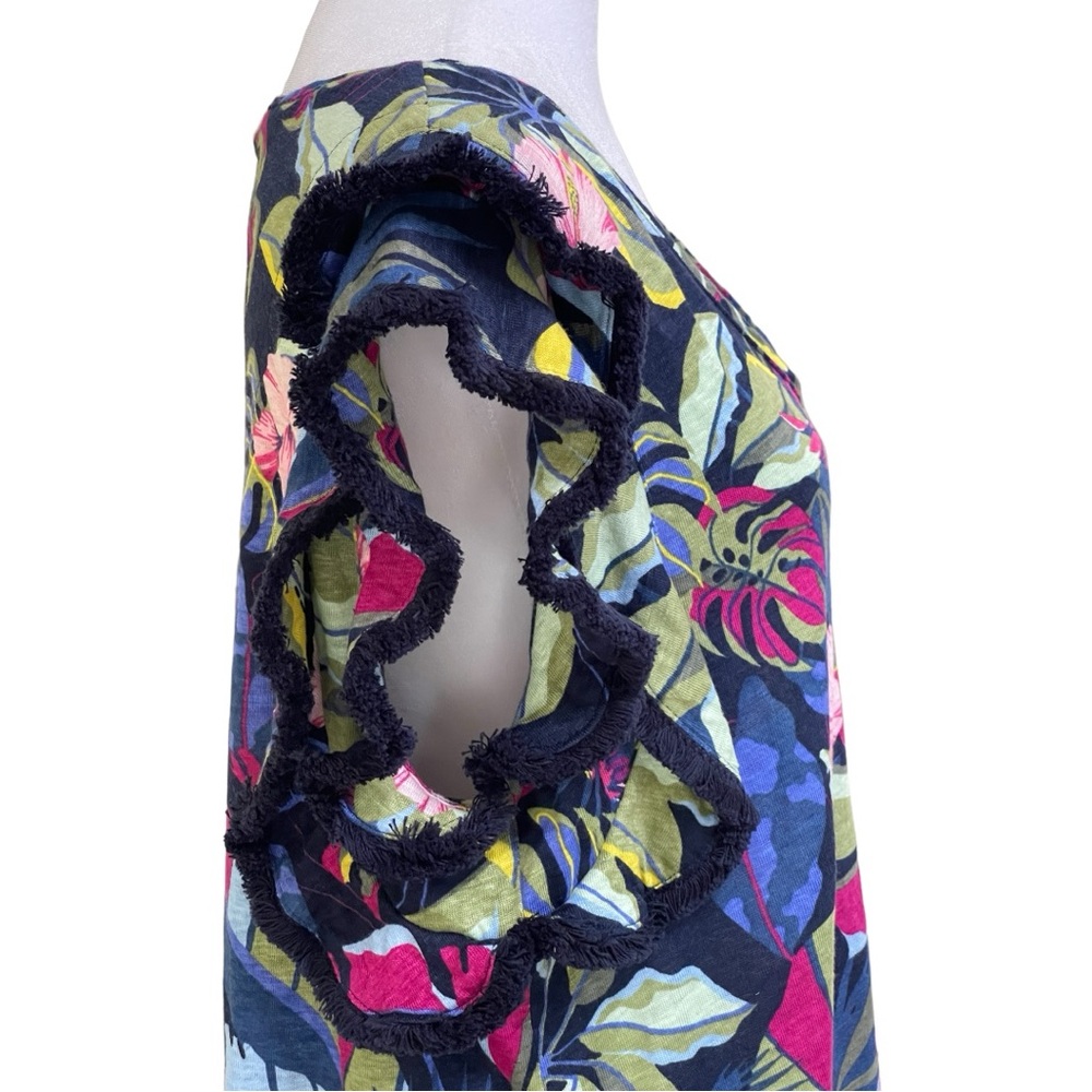Chico's Tropical Floral Navy Pink Green V-Neck Ruffle Sleeve Blouse - Picture 7 of 15